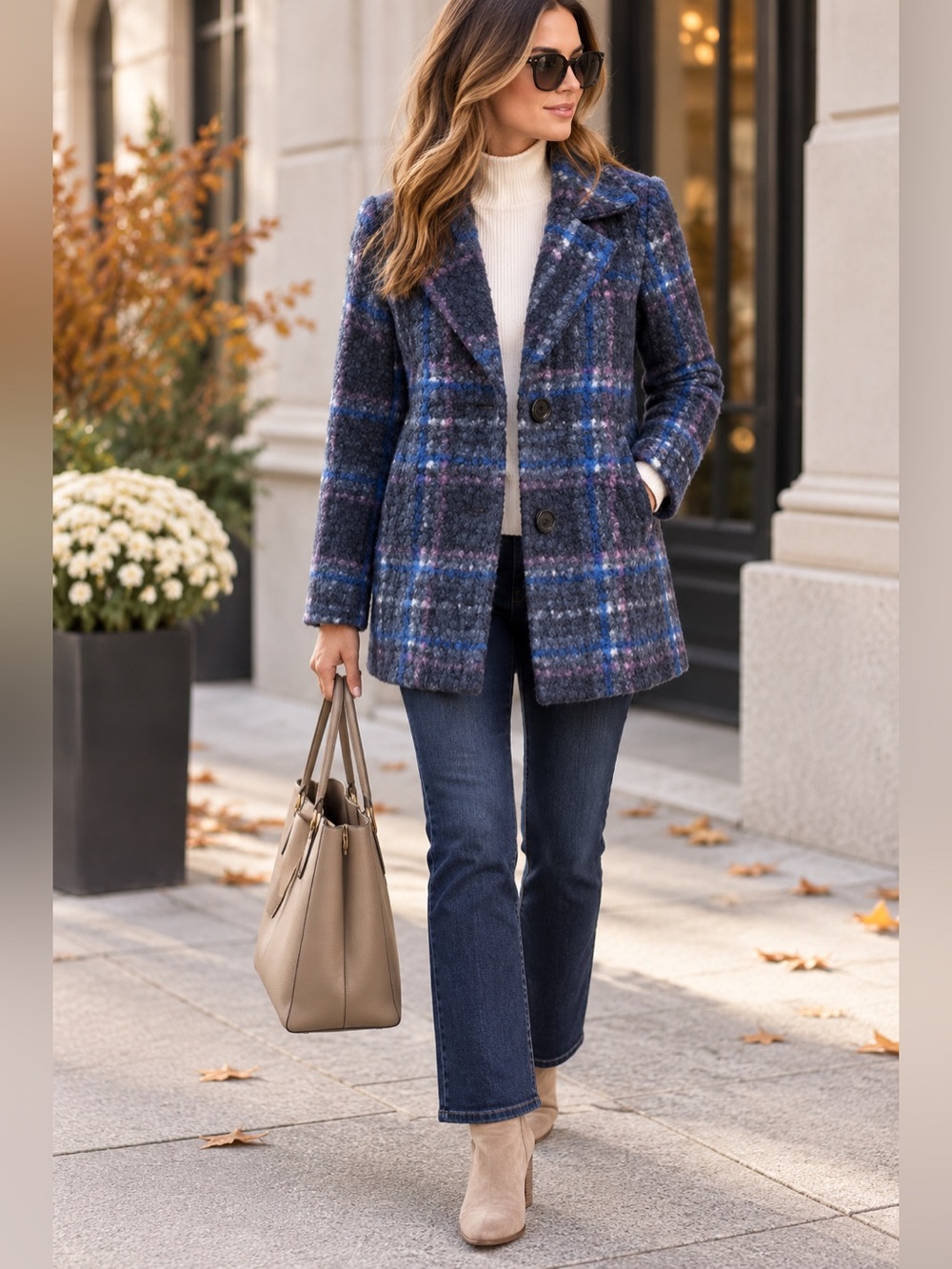 Sam Edelman Teddy Bouclé Plaid Coat Blue Purple Single Breasted Small